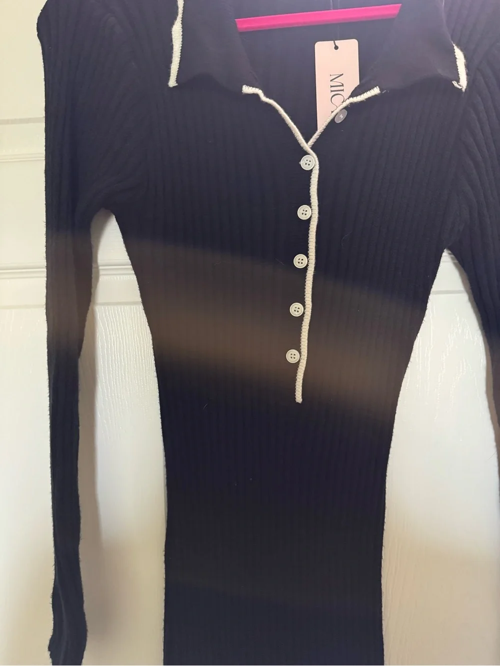 Black Long-Sleeve Ribbed Polo Maxi Dress with Contrast Trim